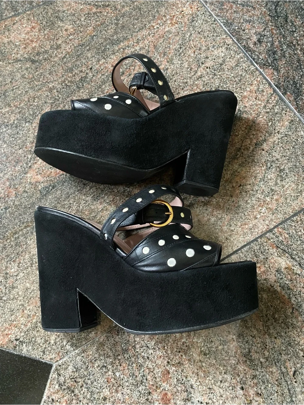 Moschino Black Leather Platform Sandals with White Polka Dots and Gold Buckle